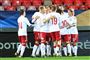 De danske spillere jubler over Oliver Abildgaards mål, der gav Danmark en 1-0-sejr over Frankrig.