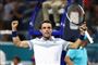 Spanske Roberto Bautista Agut fejrer sin sejr over Novak Djokovic i Miami Open.