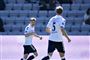 AGF's Jens Stage og Casper Højer Nielsen jubler over 1-0-scoringen. Det endte 2-1 i Aarhus, hvilket sikrer AGF en ny sæson i Superligaen.