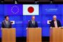 Japan's Prime Minister Shinzo Abe, EU Commission President Jean-Claude Juncker and EU Council President Donald Tusk hold a joint news conference in Brussels, Belgium April 25, 2019. REUTERS/Francois Lenoir