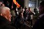 Tilhængere af Stevo Pendarovski ses her i fejring uden for den socialdemokratisk ledede regeringskoalitions hovedkontor i Skopje, da de første resultater begyndte at trille ind.