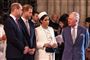 Prins Charles (yderst til højre) er den første i arvefølgen til den britiske trone. Hernæst er prins William (yderst til venstre). Prins Harry (nummer to fra venstre) er nummer seks i arvefølgen. (Arkivfoto).