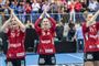 Esbjergs Annette Jensen, Estavana Polman og Marit Frafjord jubler efter sejr i den første DM-finale i kvindehåndbold mellem Team Esbjerg og Herning-Ikast Håndbold. (Arkiv)