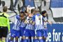 Esbjerg-spillerne jubler over en scoring lørdag eftermiddag.