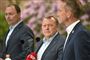 Tommy Ahlers, Lars Løkke Rasmussen og Kristian Jensen under Venstres pressemøde onsdag, hvor partiet fremlagde et nyt erhvervsudspil, som blandt andet skal lempe skatter og afgifter på erhvervslivet med 300 millioner kroner årligt.