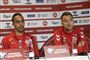 Christian Eriksen og Yussuf Poulsen ses her under søndagens pressemøde i Parken før landsholdets sidste træning inden kampen mod Georgien.