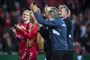 Kasper Dolberg (til venstre) havde meget at smile over efter 5-1-sejren over Georgien.