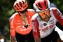 Alessandro De Marchi (til venstre) kæmpede med om sejren lørdag, men styrtede og udgik af Tour de France søndag.