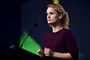 Politisk ordfører Pernille Skipper ses her på talerstolen til Enhedslistens årsmøde i Hafnia-Hallen i København, På mødet blev der udtrykt kritik af partiets hovedbestyrelse, der skal godkende vigtige beslutninger.