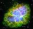 Billede taget fra Chandra X-ray Observatoriet, frigivet 28. september 1999 af Nasa. Det viser en lysende ring rundt om hjertet af Krabbetågen, resterne af en supernovaeksplosion, der blev set på Jorden i år 1054. Tågens centrum befinder sig 6000 lysår fra vores planet og udgøres af en hurtigt roterende neutronstjerne, eller pulsar.
