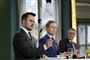 Erhvervsminister Simon Kollerup (S), finansminister Nicolai Wammen (S) og skatteminister Morten Bødskov (S) præsenterede tirsdag en kompensationsordning for arrangører, der er ramt af aflysninger og andet som følge af coronavirussets spredning i Danmark.