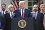 Trump omgivet af medlemmer af Det Hvide Hus' særlige indsatsteam mod coronavirus ved fredagens pressekonference udenfor Det Hvide Hus.