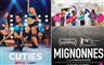 En amerikansk plakat med små piger, der danser og en fransk med samme piger med indkøbsposer på en gade i Paris.