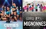 En amerikansk plakat med små piger, der danser og en fransk med samme piger med indkøbsposer på en gade i Paris.
