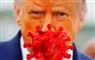 Trump med et stort indsat corona-bakterie i rødt foran ham