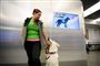 En sniffer-hund i lufthavnen med sin "herre" en kvindelig hundetræner