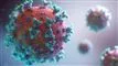 Ilustration af en corona virus. Det er en lyserød cirkel med små lyseblå gevækster på