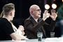 De tre X factor-dommere fra sidste liveshow. Blachman er i fokus med ivrig gestikulering med sine hænder.