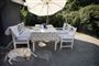 Et sofahave-sæt med parasol og en hund på terrassen