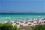En palmestrand med grønt vand, liggestole, parasoller og masser af mennesker. 