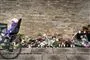 cykel med barnestol kører forbi blomster på fortov 