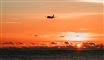 fly i luften over havet i solnedgang