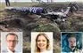 En udbrændt helikopter og tre portrætbilleder