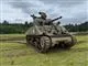 En tank på en plæne der er skov i baggrunden