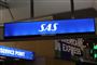 Et neonlysskilt med SAS's logo