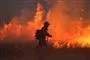 Kæmpe flammer og i forgrunden silhuetten af en brandmand