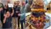 et sammenkopieret billede af glade personer og en bøfsandwich