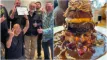 et sammenkopieret billede af glade personer og en bøfsandwich