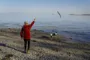 Person leger med hund på strand